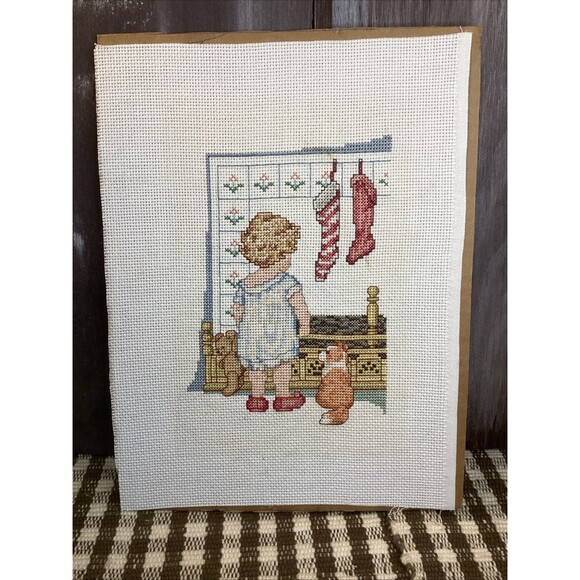 Vintage 1993 Handmade Needlepoint Cross Stitch Sampler Christmas Child & Puppy - Picture 1 of 11